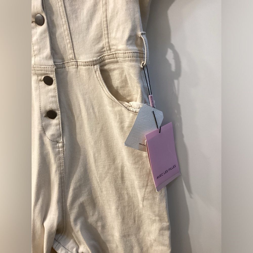 Avec Les Filles Tie Waist Denim Jumpsuit – Ecru Cream Women’s‎ One Piece - Picture 6 of 15